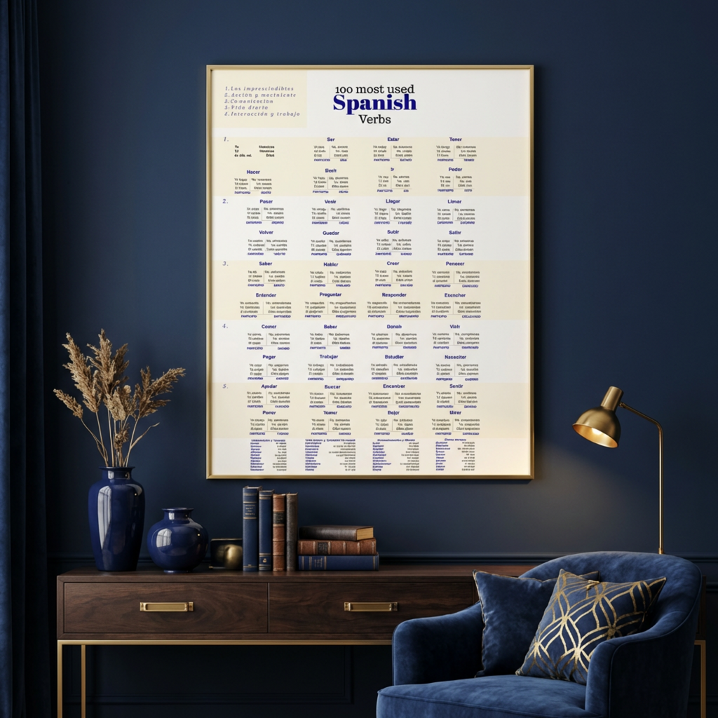 "100 Most Used Spanish Verbs" Study Chart — Framed Vertical Poster
