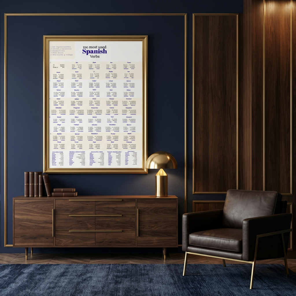 "100 Most Used Spanish Verbs" Study Chart — Framed Vertical Poster