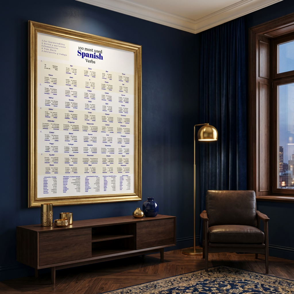 "100 Most Used Spanish Verbs" Study Chart — Framed Vertical Poster