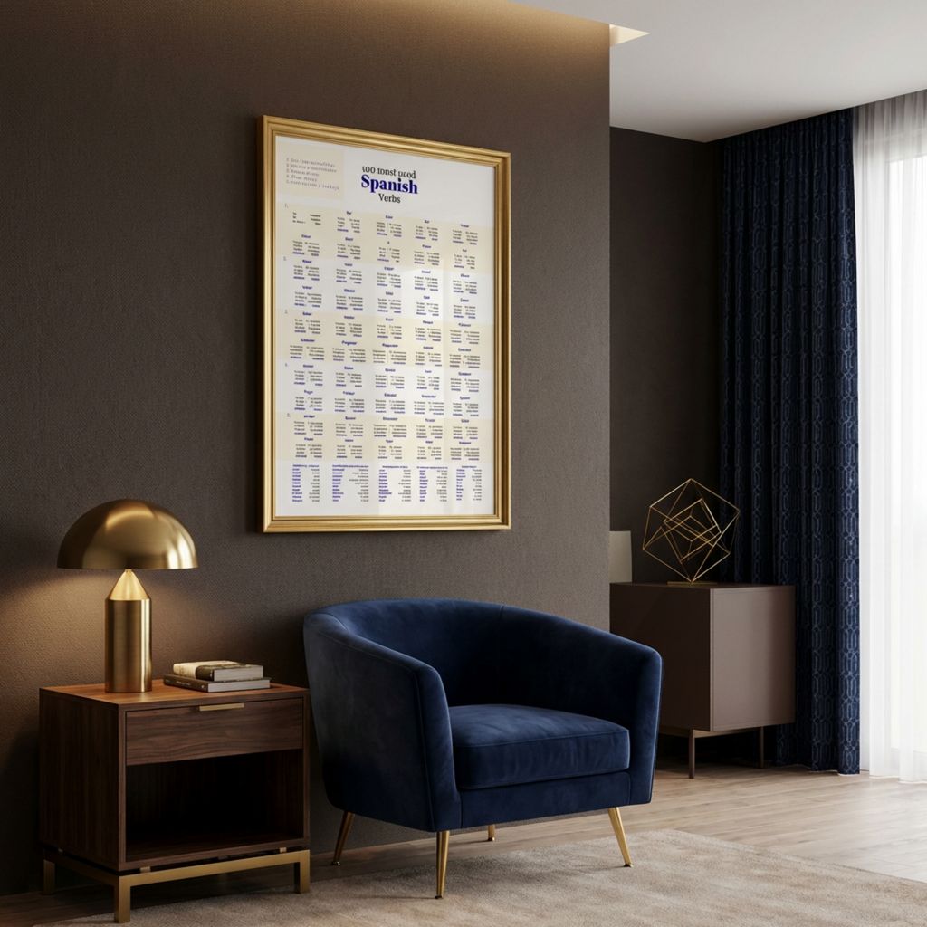 "100 Most Used Spanish Verbs" Study Chart — Framed Vertical Poster