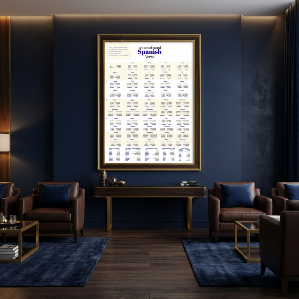 "100 Most Used Spanish Verbs" Study Chart — Framed Vertical Poster