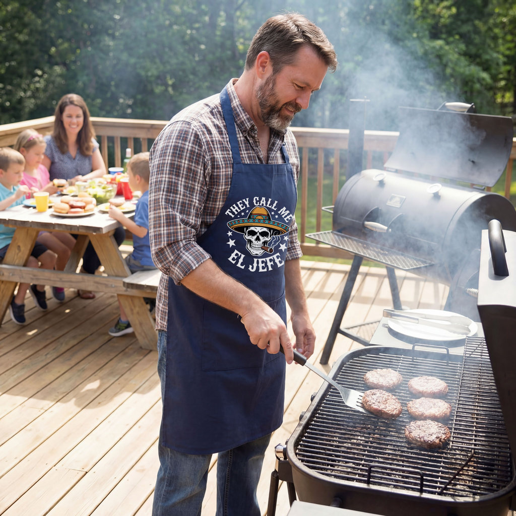 They Call Me El Jefe skull apron — Funny Mexican Sombrero BBQ & Grill Apron
