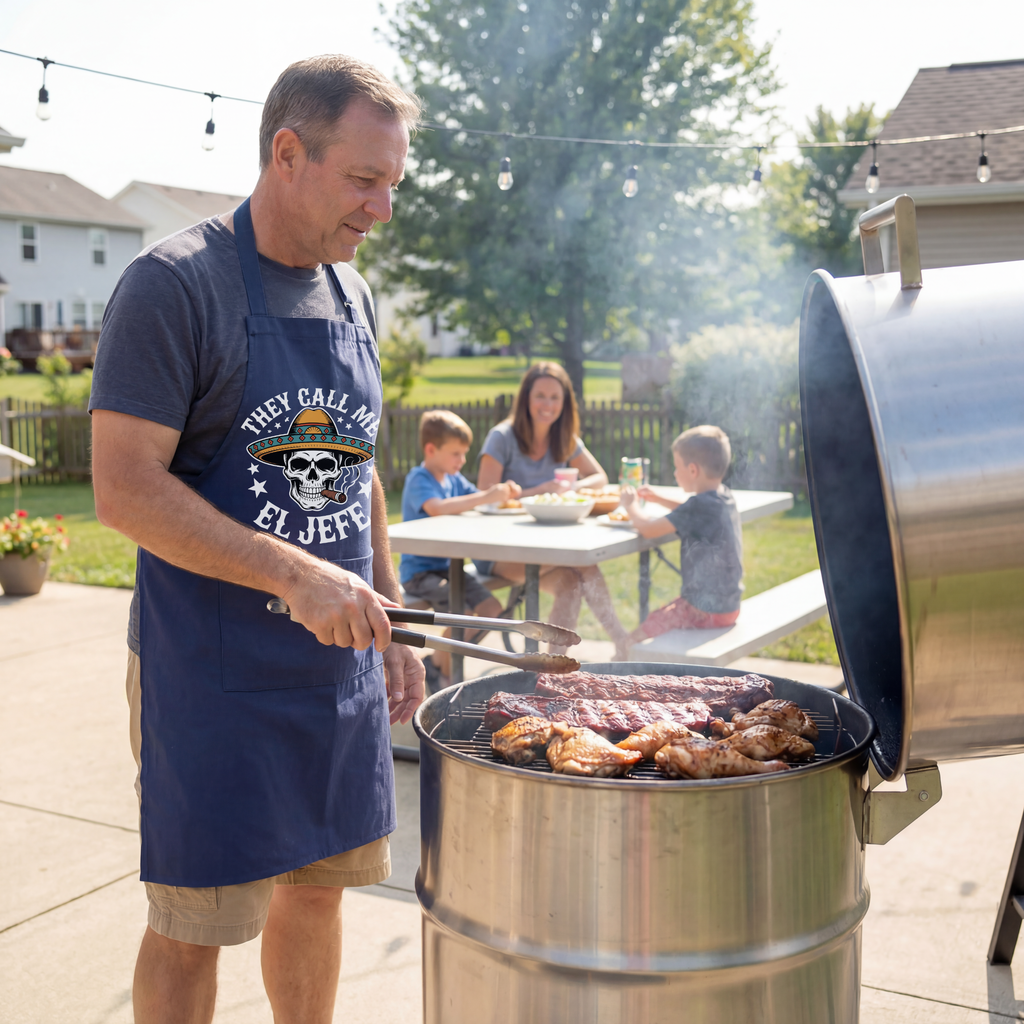 They Call Me El Jefe skull apron — Funny Mexican Sombrero BBQ & Grill Apron