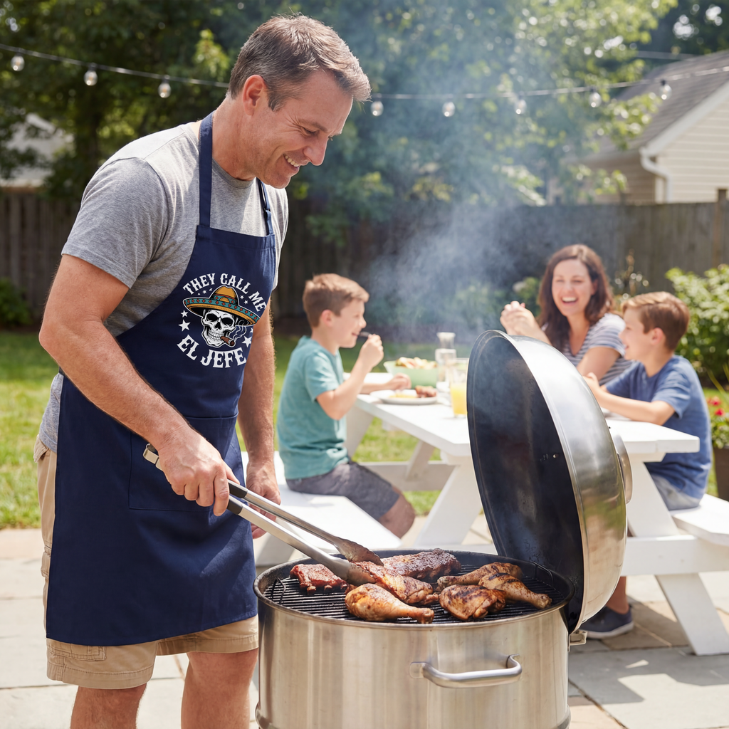 They Call Me El Jefe skull apron — Funny Mexican Sombrero BBQ & Grill Apron