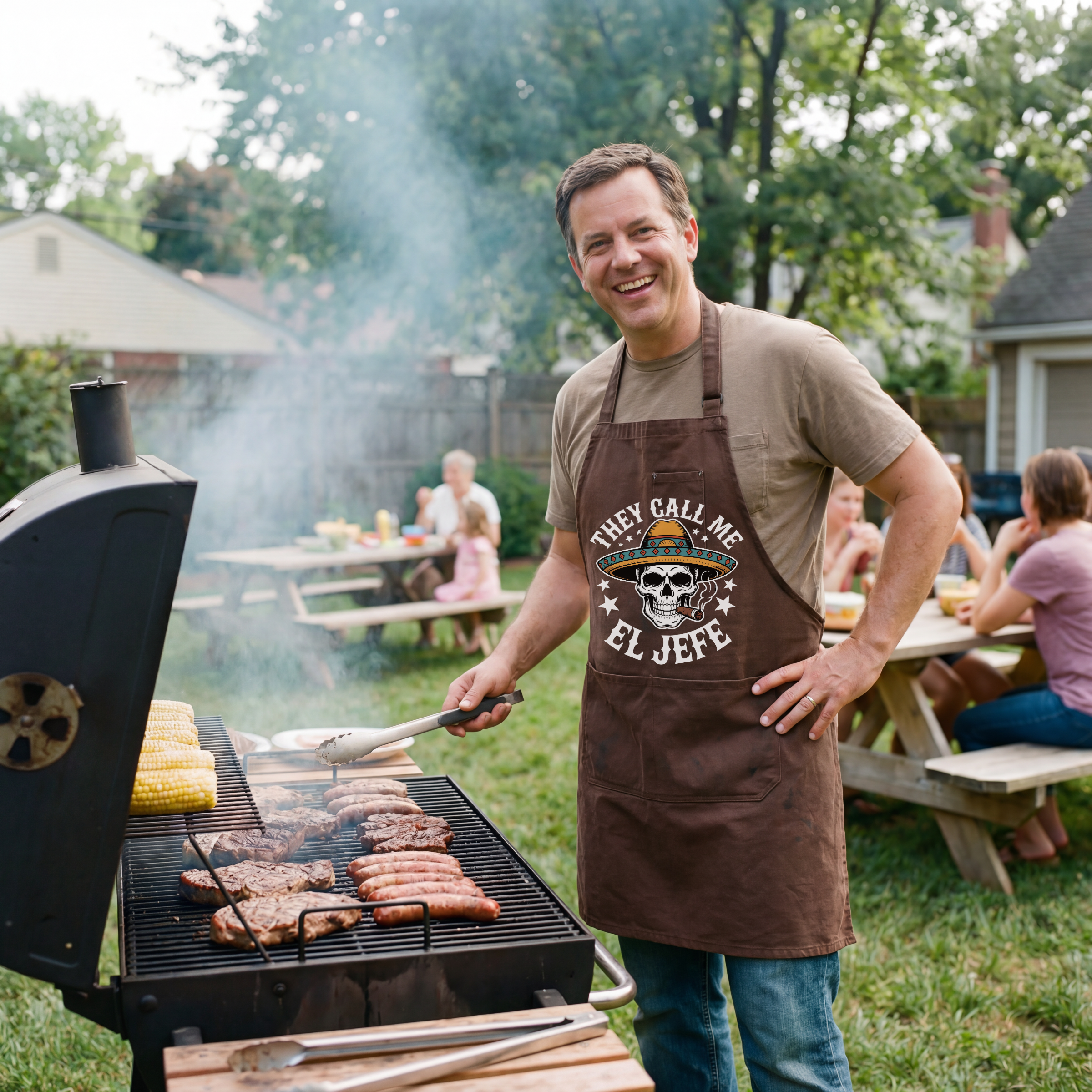 They Call Me El Jefe skull apron — Funny Mexican Sombrero BBQ & Grill Apron