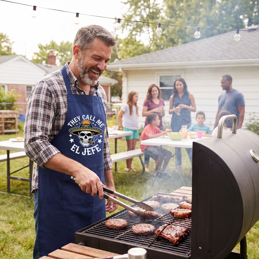 They Call Me El Jefe skull apron — Funny Mexican Sombrero BBQ & Grill Apron