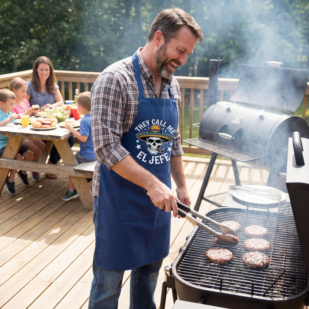 They Call Me El Jefe skull apron — Funny Mexican Sombrero BBQ & Grill Apron